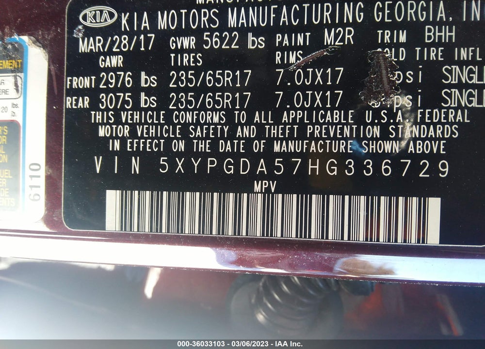 2017 KIA SORENTO 3.3L LX VIN: 5XYPGDA57HG336729