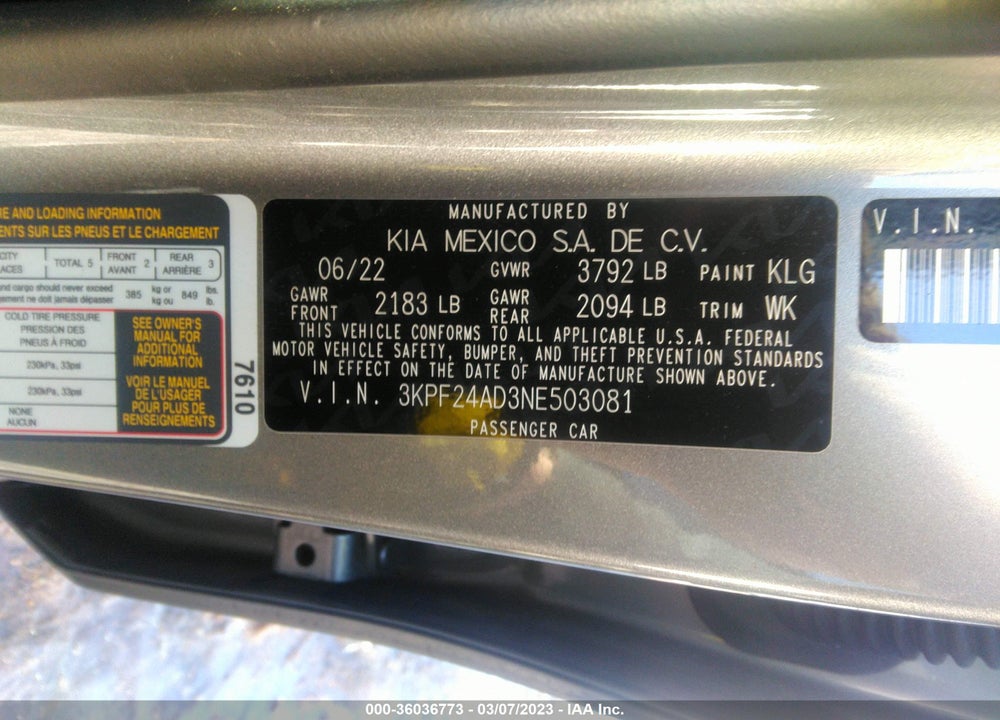 2022 KIA FORTE VIN: 3KPF24AD3NE503081