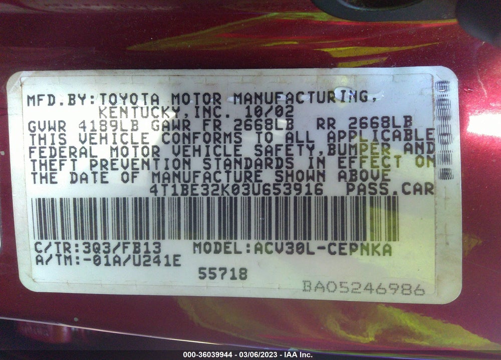 2003 TOYOTA CAMRY LE VIN: 4T1BE32K03U653916