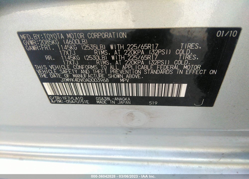 2010 TOYOTA RAV4 LIMITED V6 VIN: JTMYK4DV0AD003968