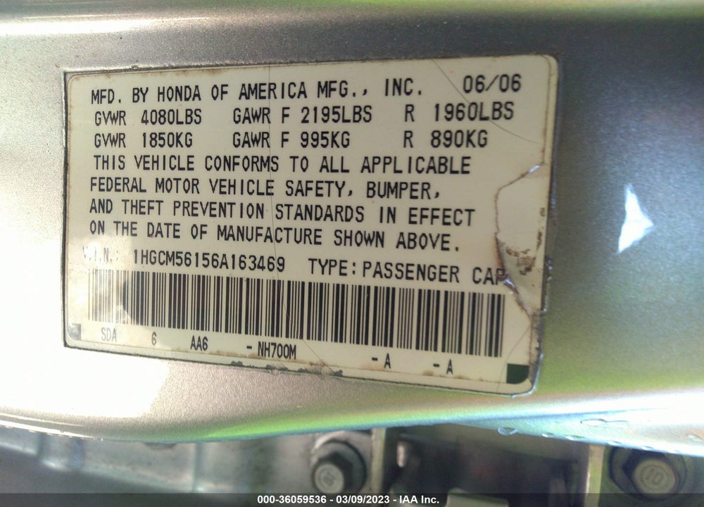 2006 HONDA ACCORD SDN VIN: 1HGCM56156A163469
