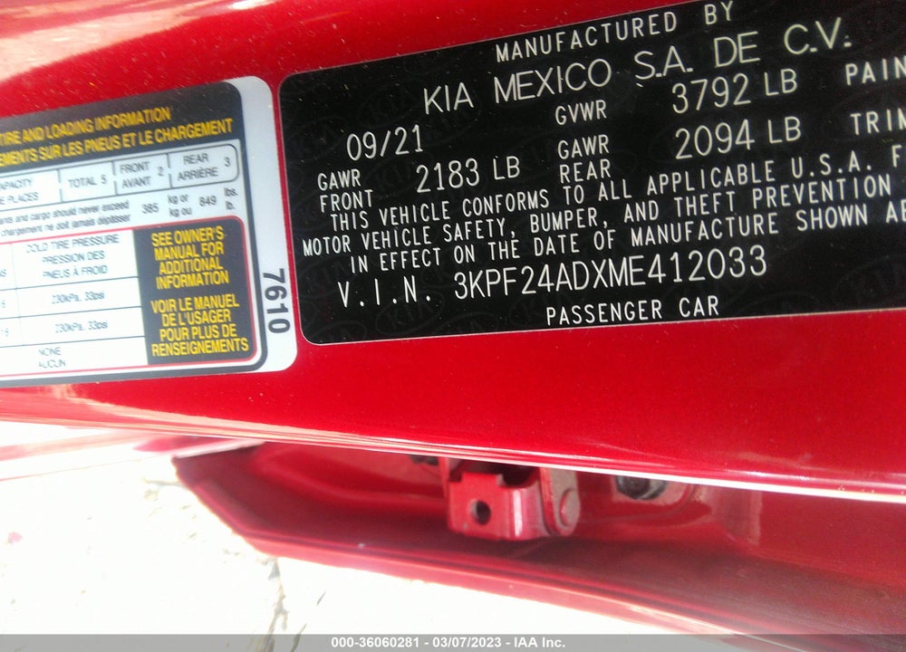2021 KIA FORTE LXS VIN: 3KPF24ADXME412033