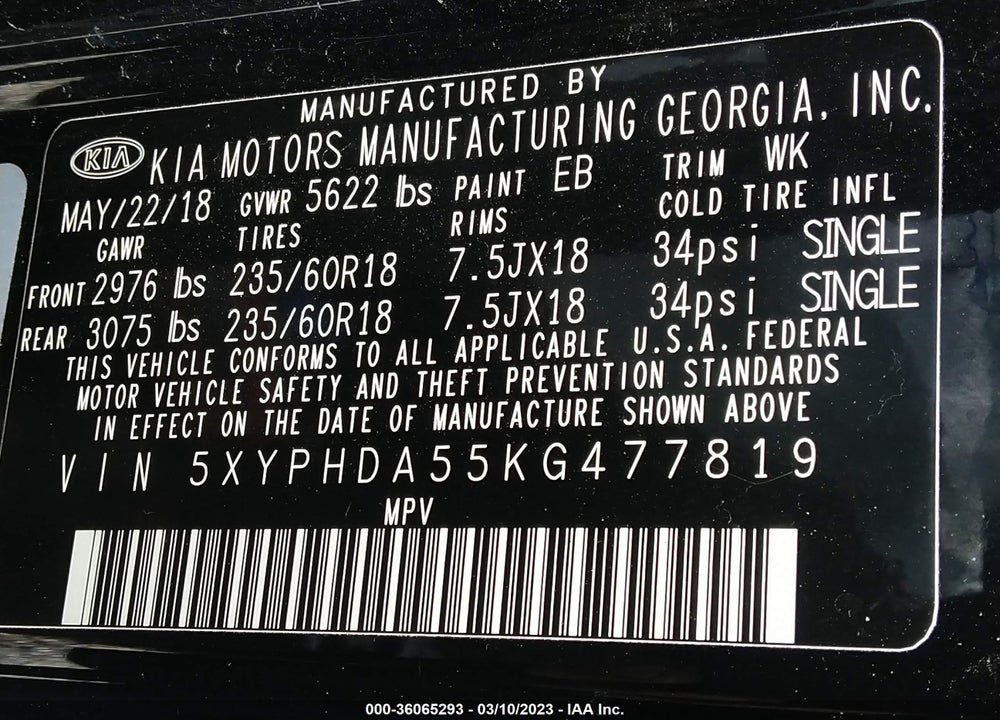 2019 KIA SORENTO 3.3L EX VIN: 5XYPHDA55KG477819