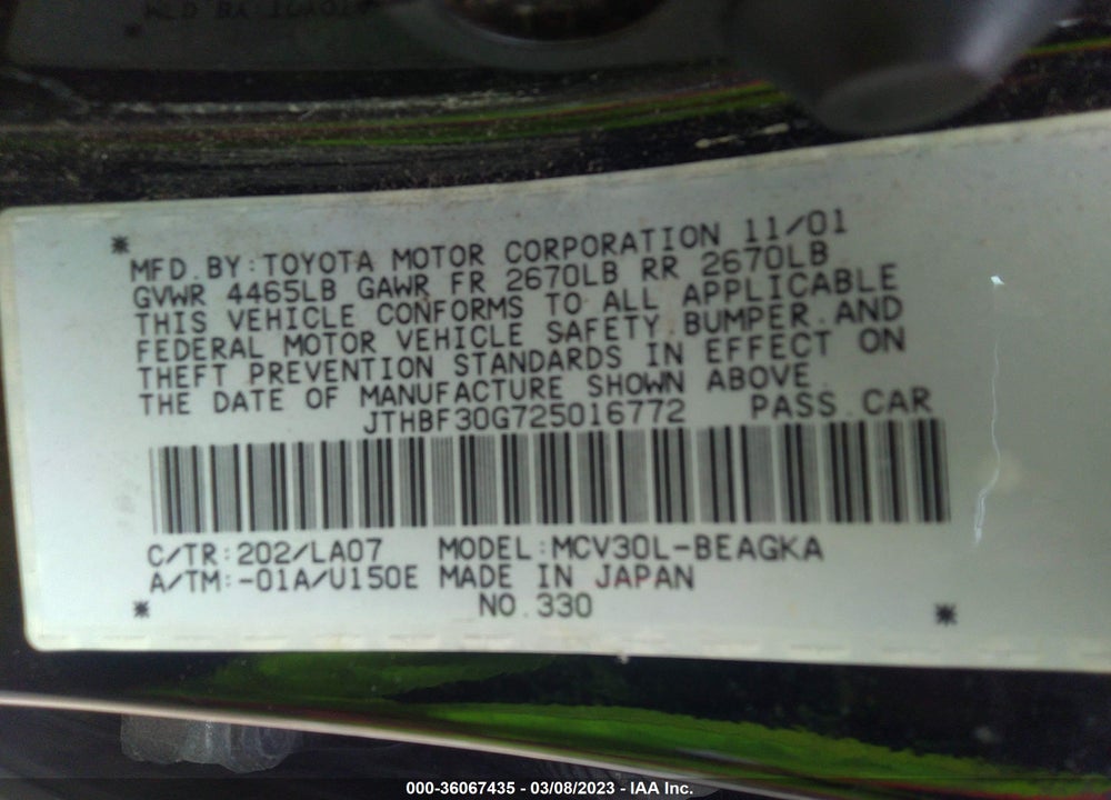 2002 LEXUS ES 300 BASE (A4) VIN: JTHBF30G725016772