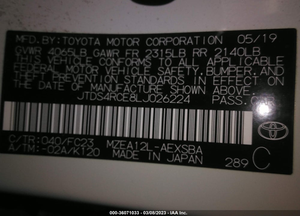 2020 TOYOTA COROLLA SE VIN: JTDS4RCE8LJ026224