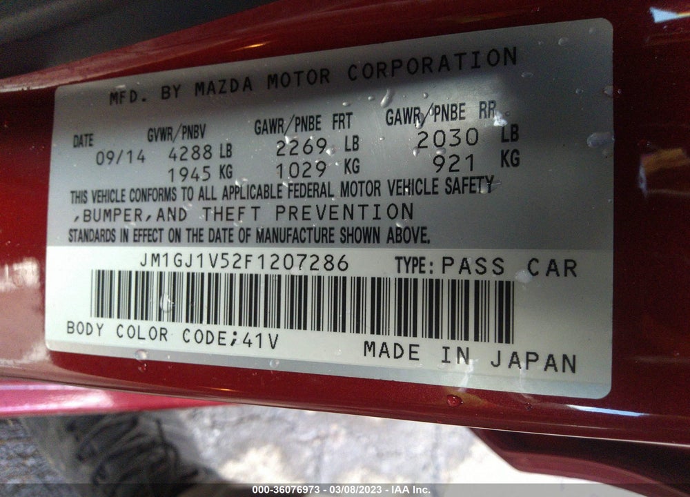 2015 MAZDA 6 I TOURING VIN: JM1GJ1V52F1207286