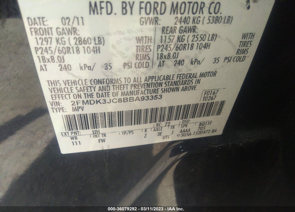 2011 FORD EDGE SEL VIN: 2FMDK3JC8BBA93353