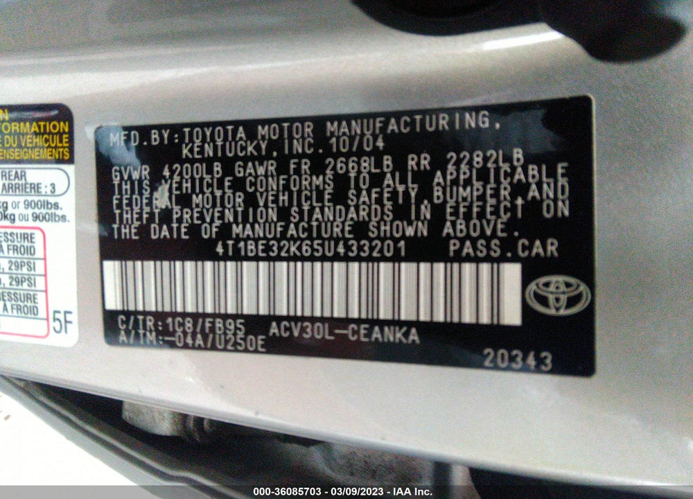 2005 TOYOTA CAMRY VIN: 4T1BE32K65U433201