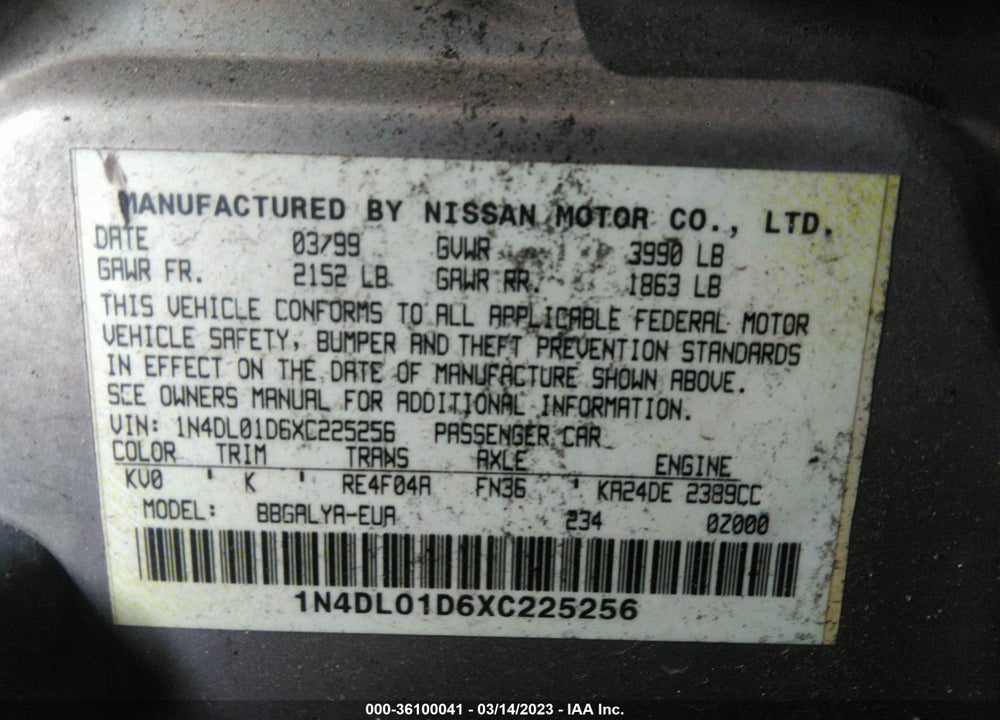 1999 NISSAN ALTIMA SE-L/GXE/GLE/XE/SE VIN: 1N4DL01D6XC225256