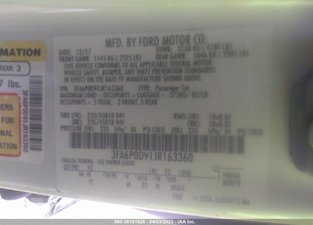 2018 FORD FUSION TITANIUM VIN: 3FA6P0D91JR163360