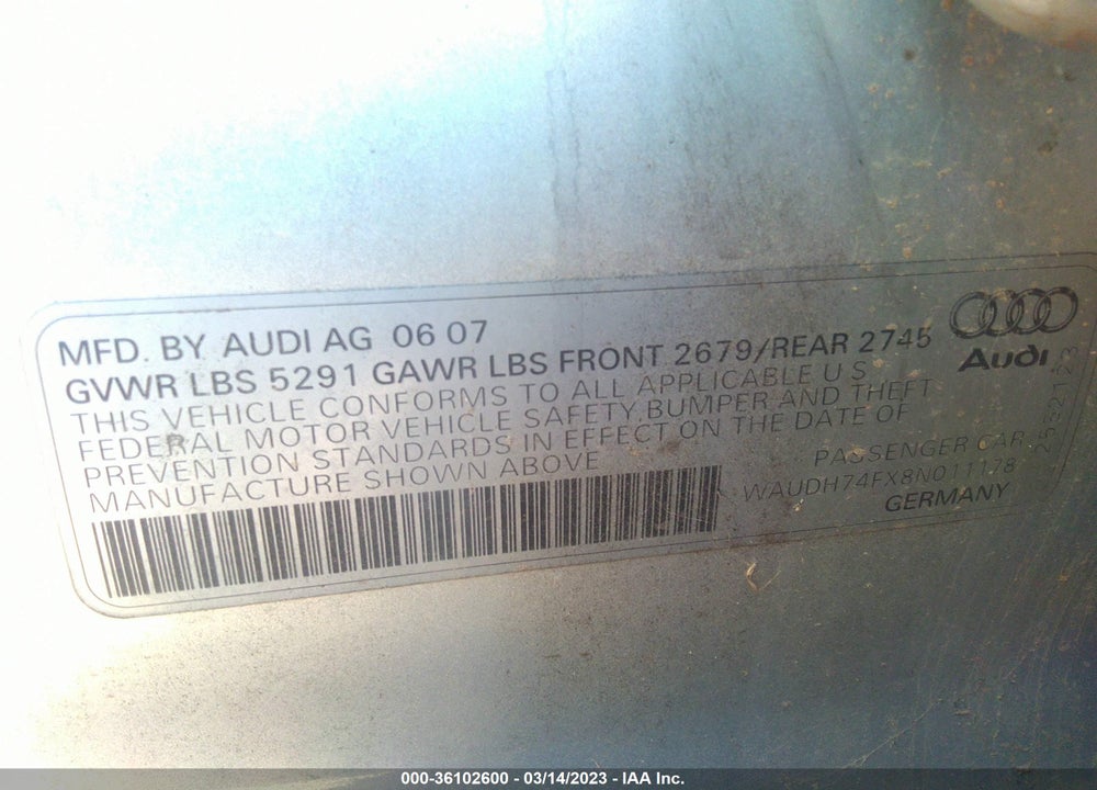 2008 AUDI A6 3.2 VIN: WAUDH74FX8N011178