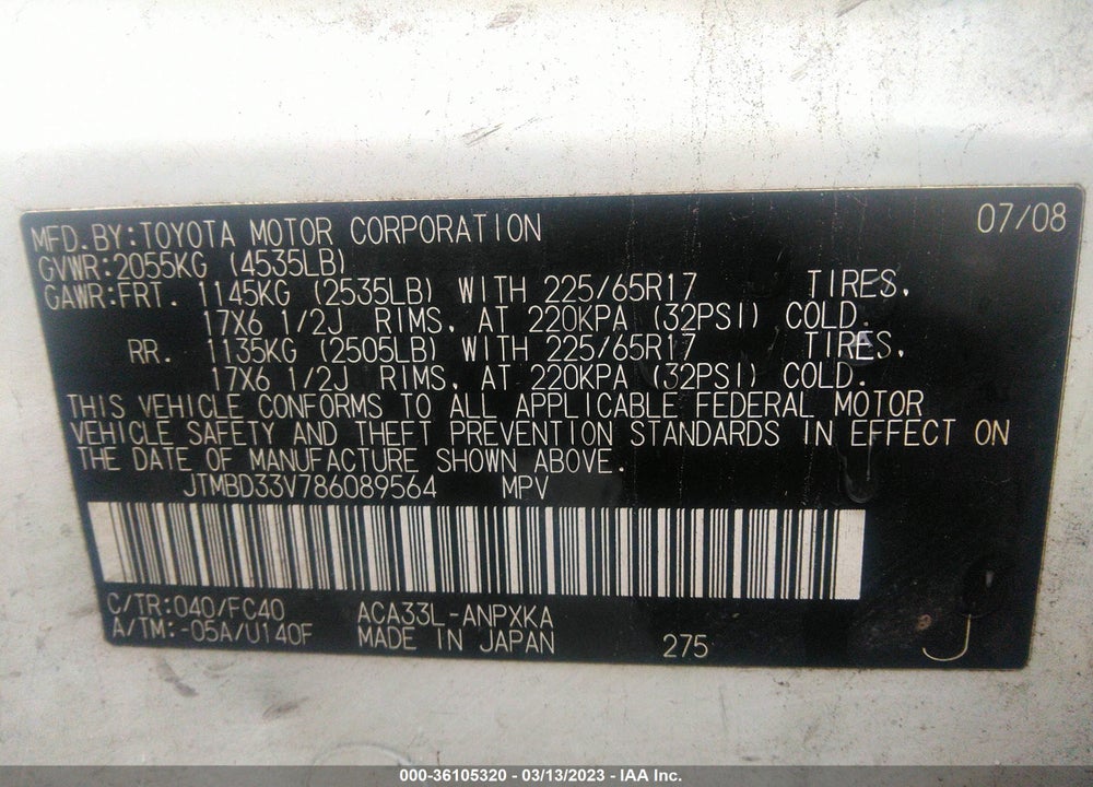2008 TOYOTA RAV4 VIN: JTMBD33V786089564