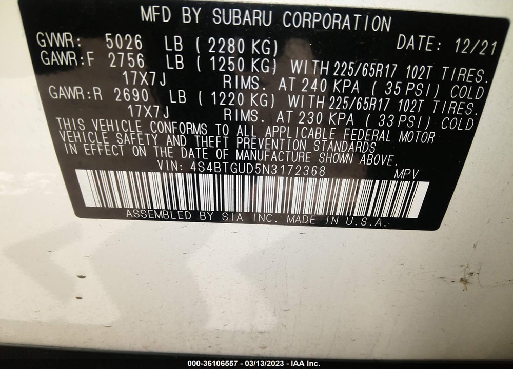 2022 SUBARU OUTBACK WILDERNESS VIN: 4S4BTGUD5N3172368