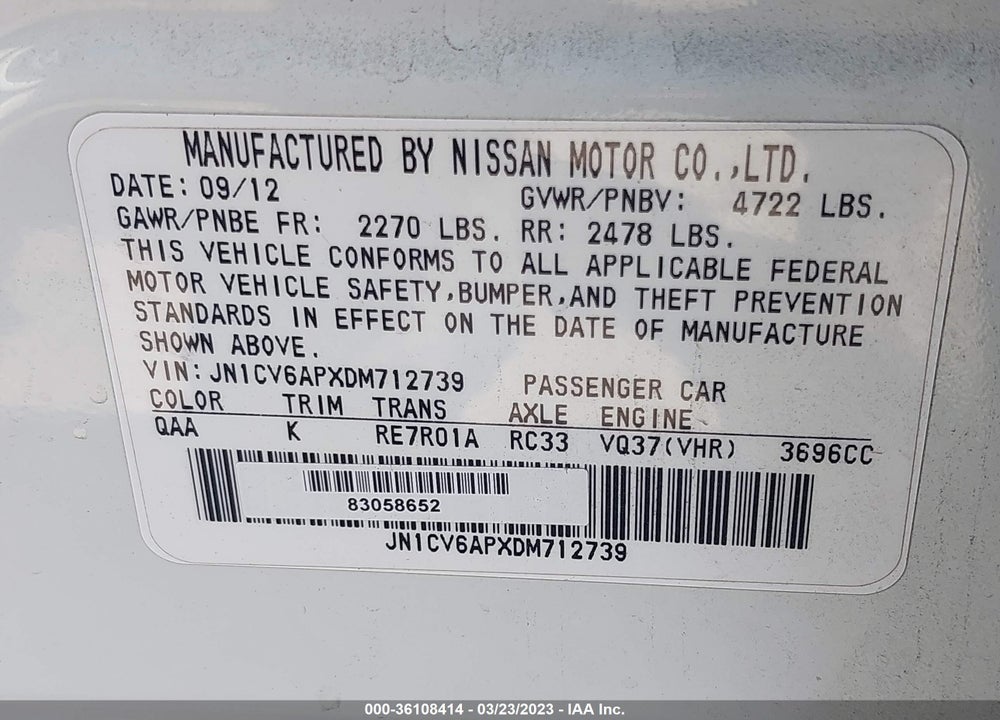 2013 INFINITI G37 JOURNEY VIN: JN1CV6APXDM712739