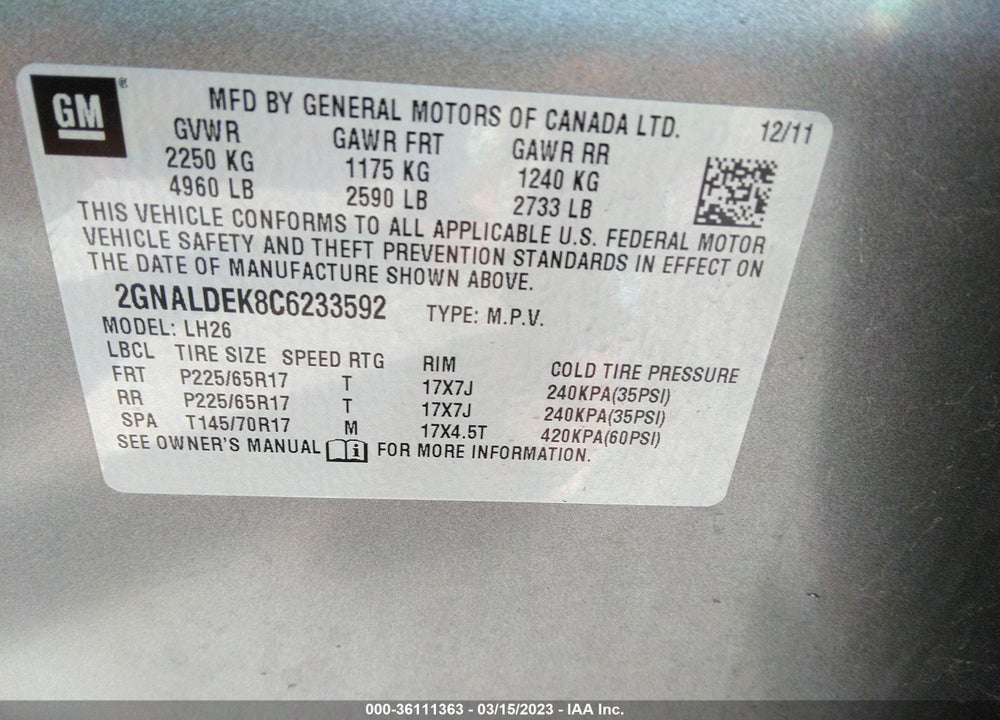 2012 CHEVROLET EQUINOX 1LT VIN: 2GNALDEK8C6233592