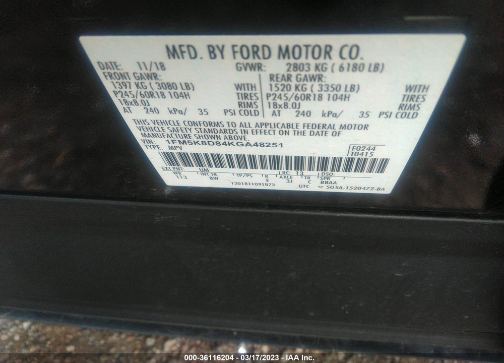 2019 FORD EXPLORER XLT VIN: 1FM5K8D84KGA48251