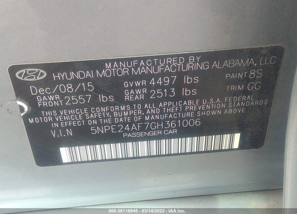 2016 HYUNDAI SONATA SE VIN: 5NPE24AF7GH361006