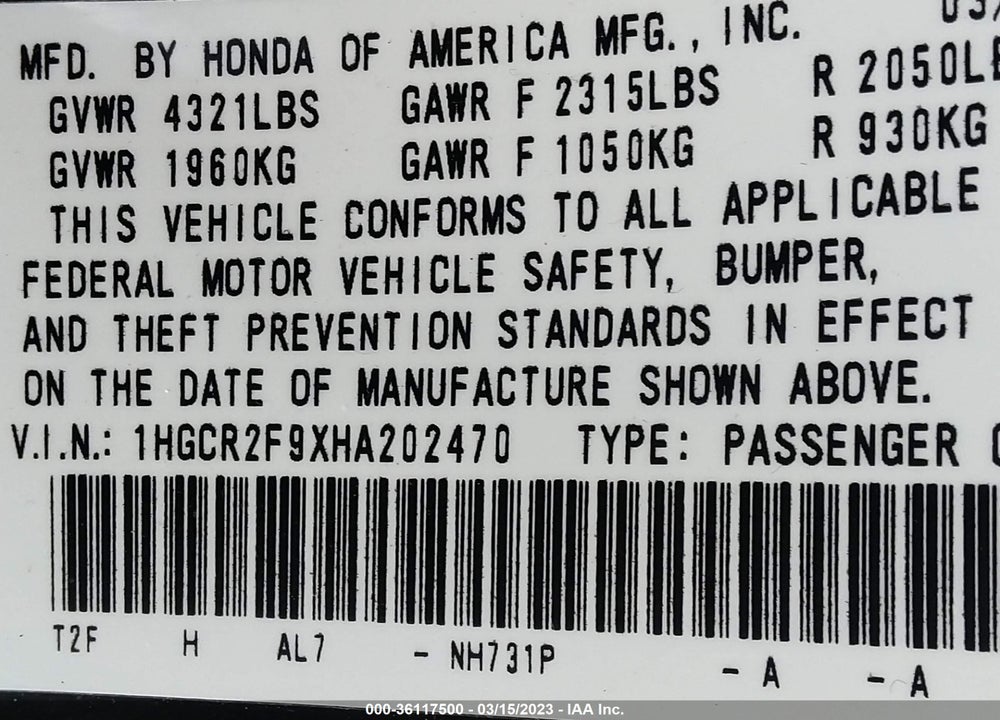 2017 HONDA ACCORD EX-L VIN: 1HGCR2F9XHA202470