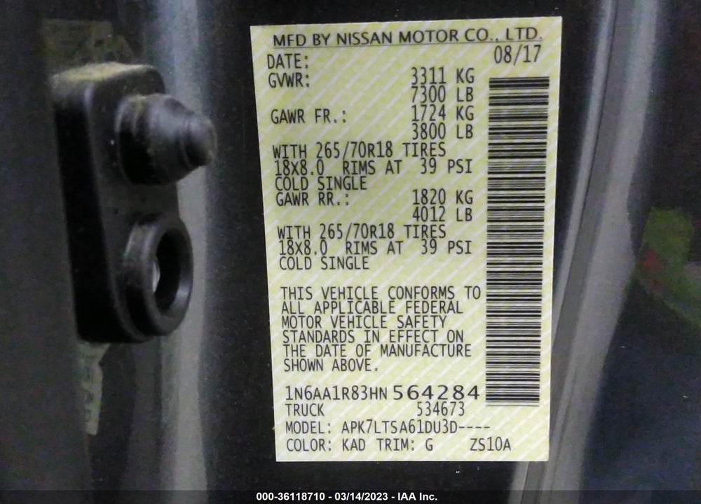 2017 NISSAN TITAN SV VIN: 1N6AA1R83HN564284