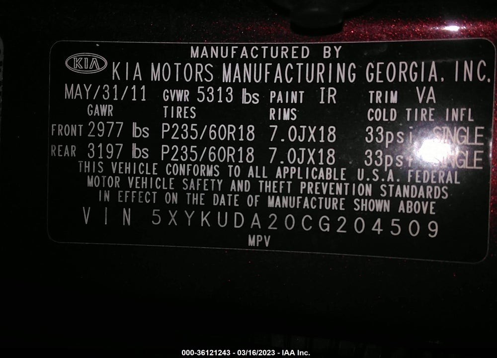 2012 KIA SORENTO EX V6 VIN: 5XYKUDA20CG204509
