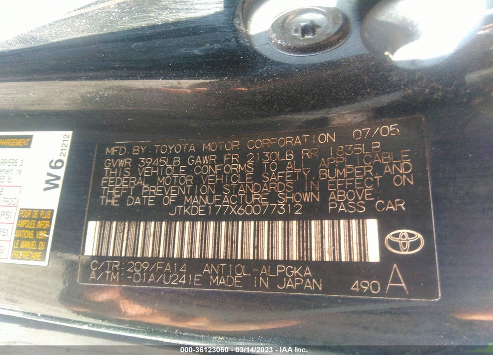 2006 SCION TC VIN: JTKDE177X60077312