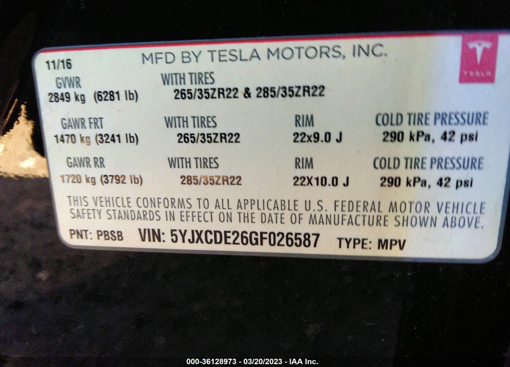 2016 TESLA MODEL X 60D/70D/75D/90D VIN: 5YJXCDE26GF026587