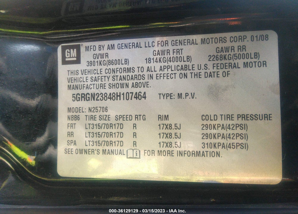2008 HUMMER H2 SUV VIN: 5GRGN23848H107464
