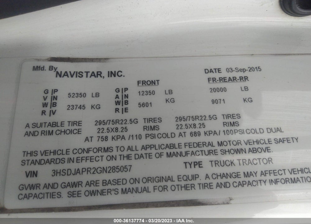 2016 INTERNATIONAL PROSTAR VIN: 3HSDJAPR2GN285057