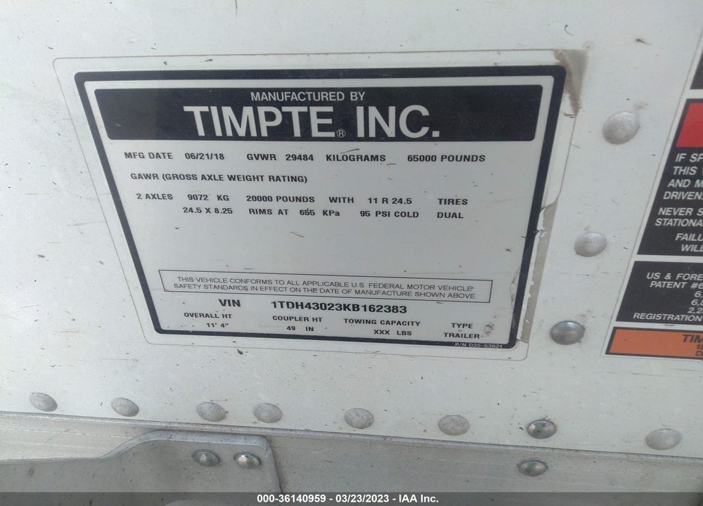 2019 TIMPTE --- VIN: 1TDH43023KB162383