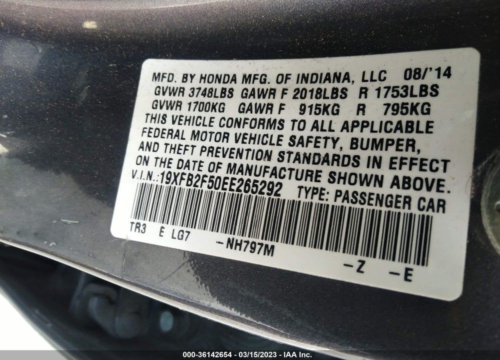 2014 HONDA CIVIC LX VIN: 19XFB2F50EE265292