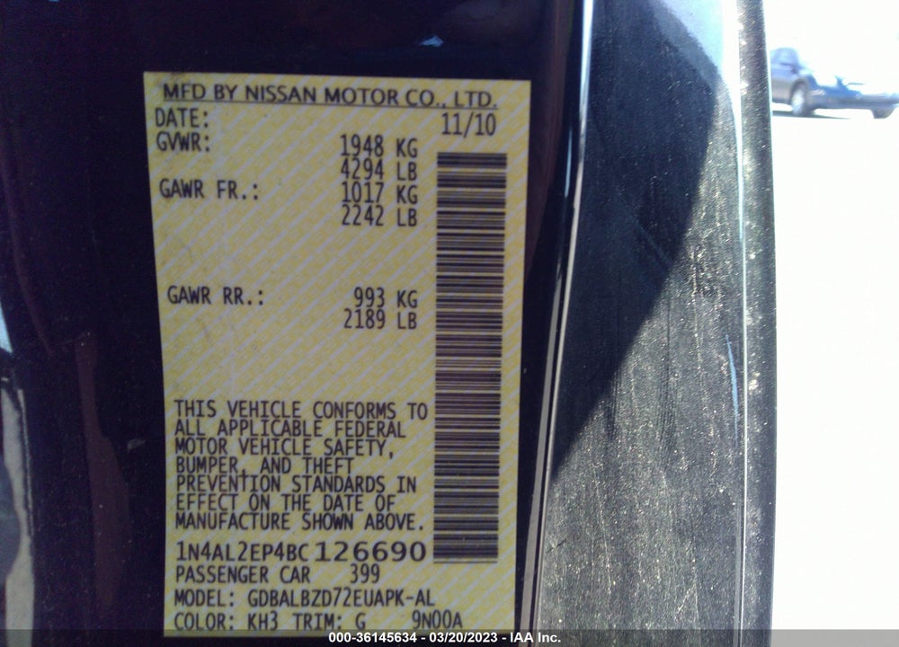 2011 NISSAN ALTIMA 2.5 S VIN: 1N4AL2EP4BC126690