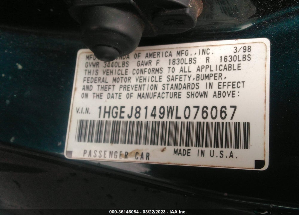 1998 HONDA CIVIC EX VIN: 1HGEJ8149WL076067