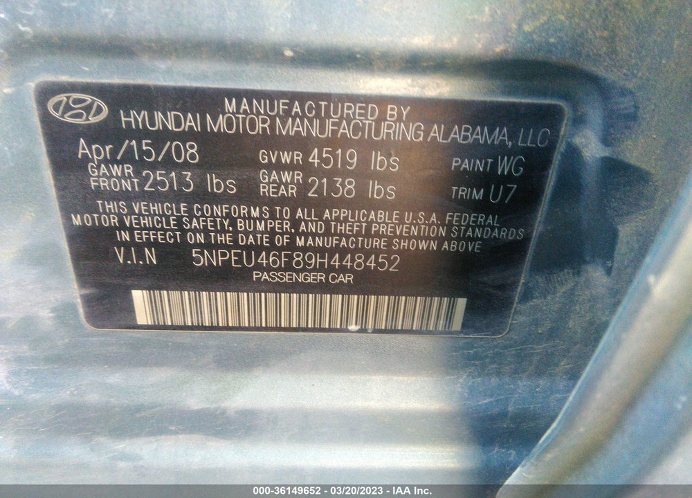 2009 HYUNDAI SONATA LIMITED V6 VIN: 5NPEU46F89H448452
