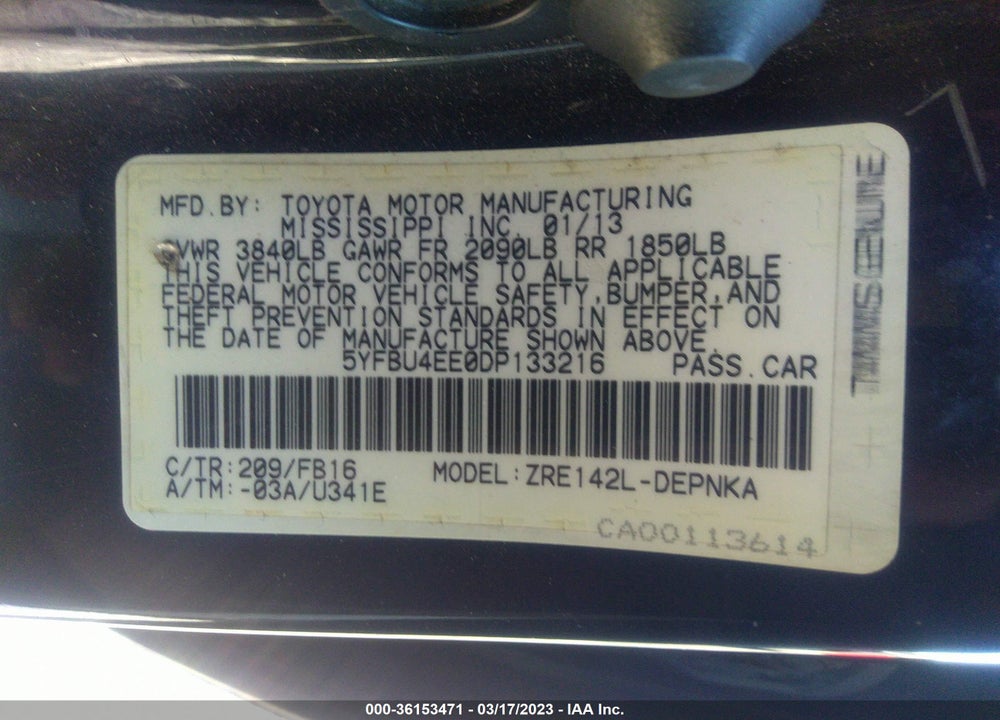 2013 TOYOTA COROLLA LE VIN: 5YFBU4EE0DP133216