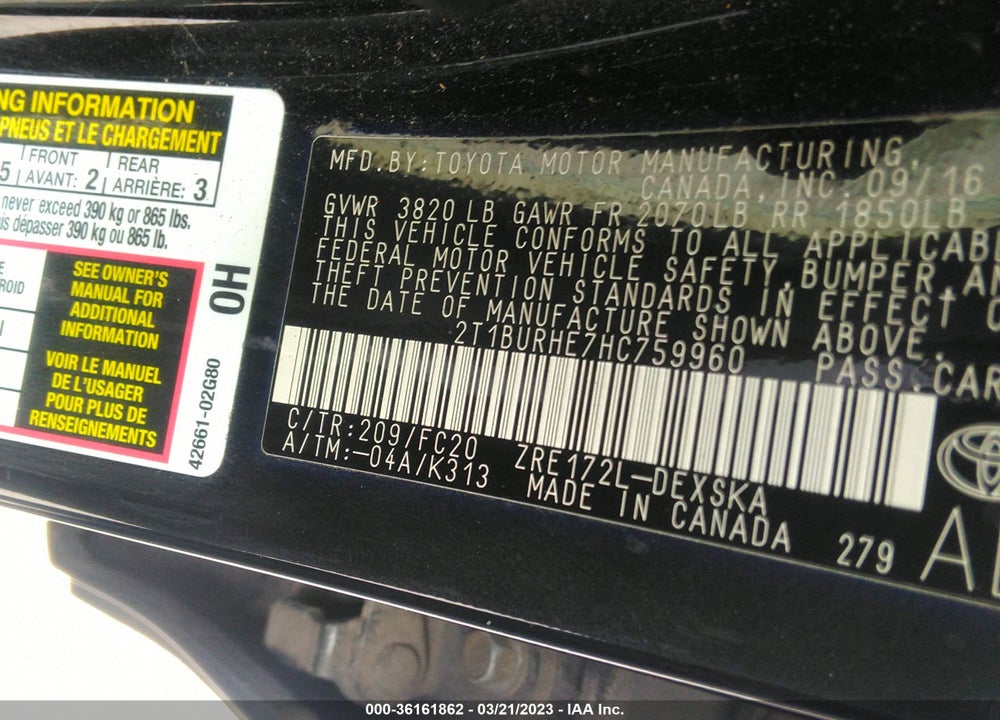 2017 TOYOTA COROLLA VIN: 2T1BURHE7HC759960