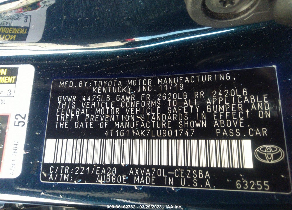 2020 TOYOTA CAMRY VIN: 4T1G11AK7LU901747