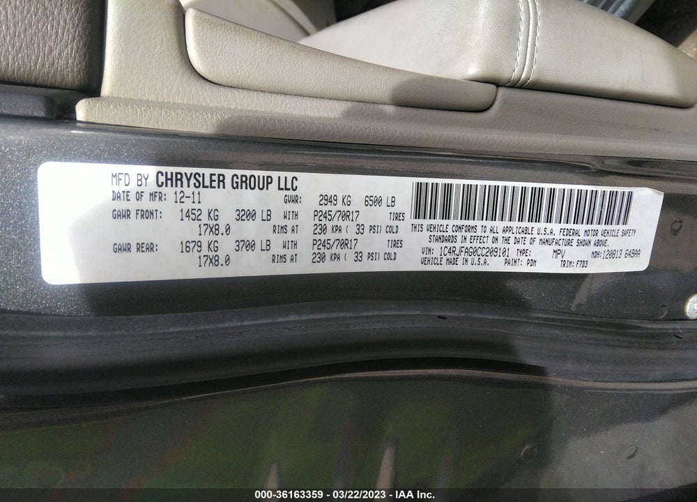 2012 JEEP GRAND CHEROKEE LAREDO VIN: 1C4RJFAG0CC209101
