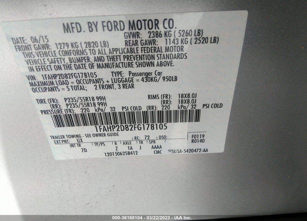 2015 FORD TAURUS SE VIN: 1FAHP2D82FG178105