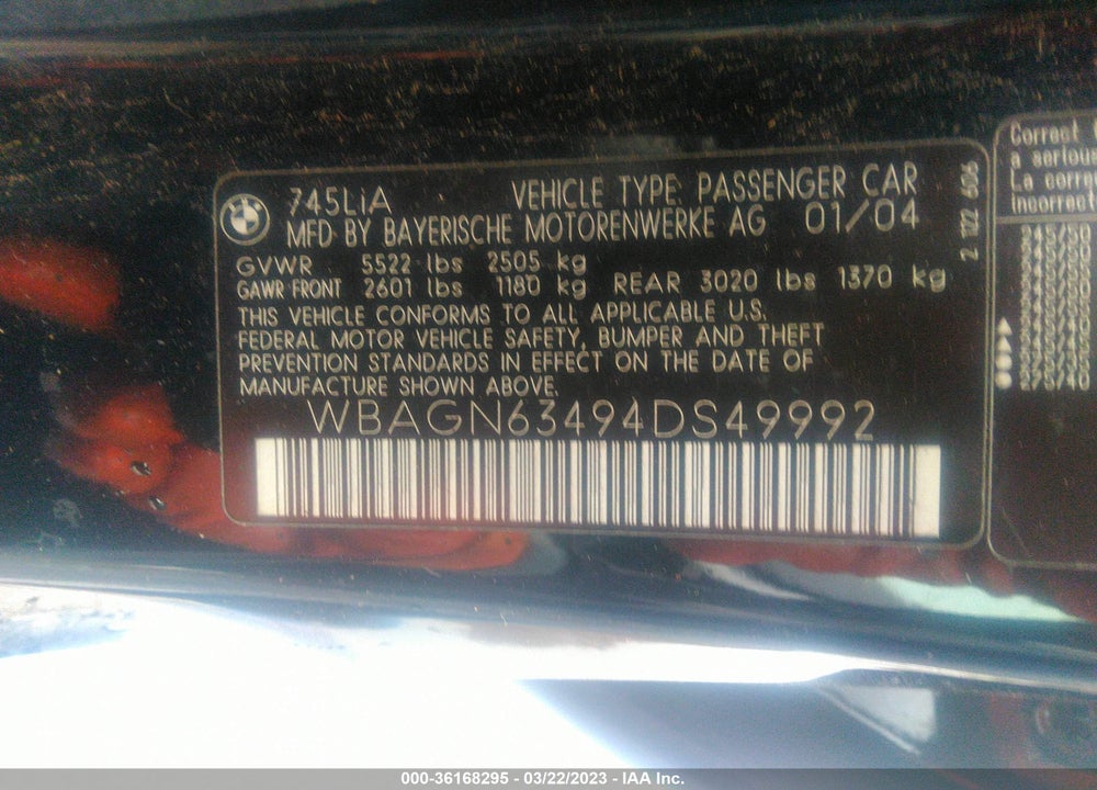 2004 BMW 745LI VIN: WBAGN63494DS49992