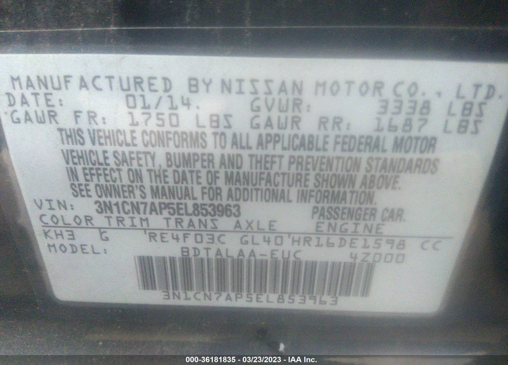 2014 NISSAN VERSA VIN: 3N1CN7AP5EL853963