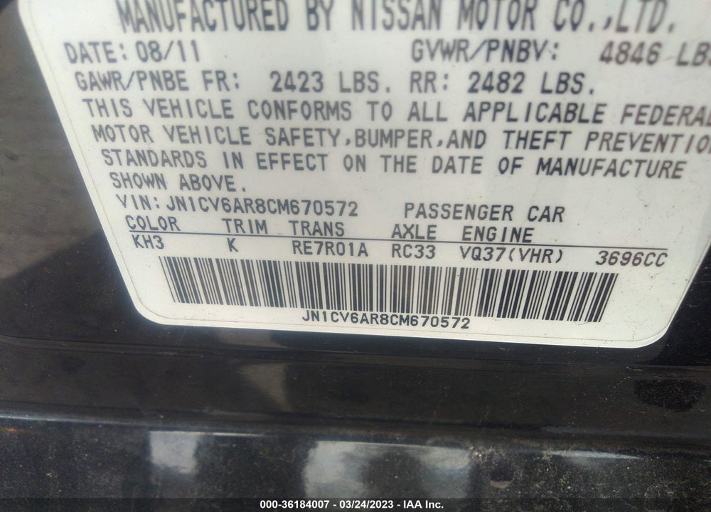 2012 INFINITI G37X VIN: JN1CV6AR8CM670572
