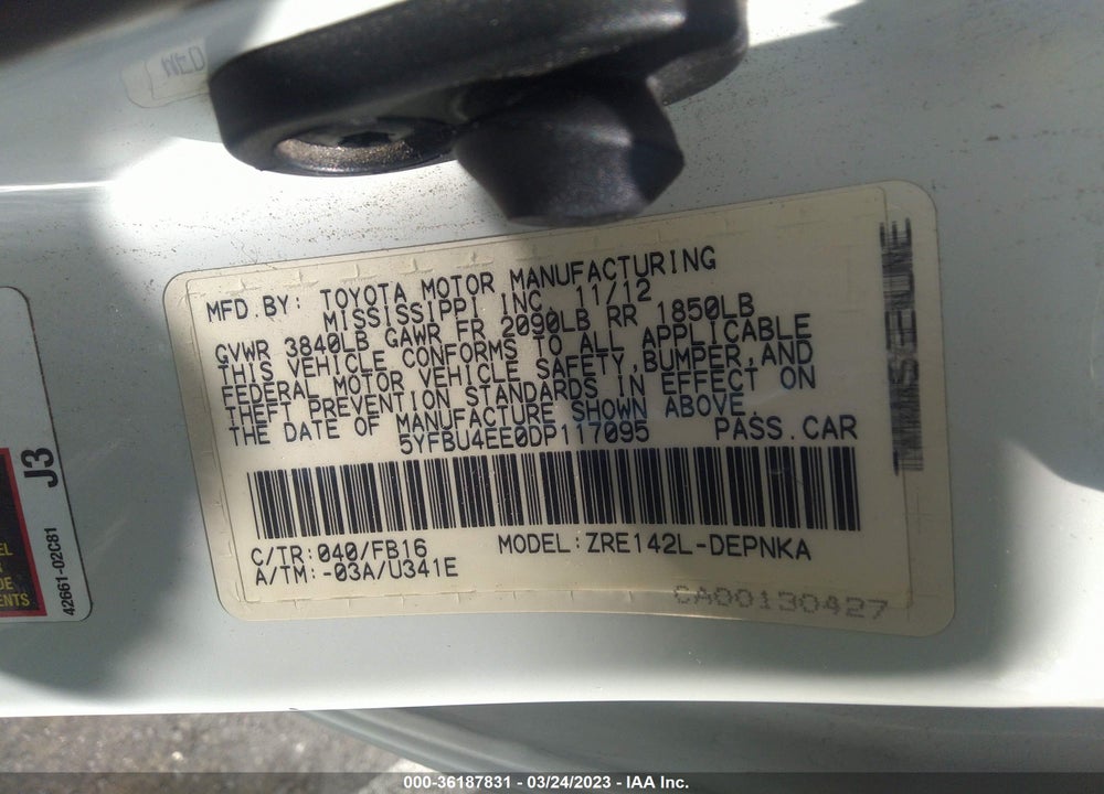 2013 TOYOTA COROLLA LE VIN: 5YFBU4EE0DP117095