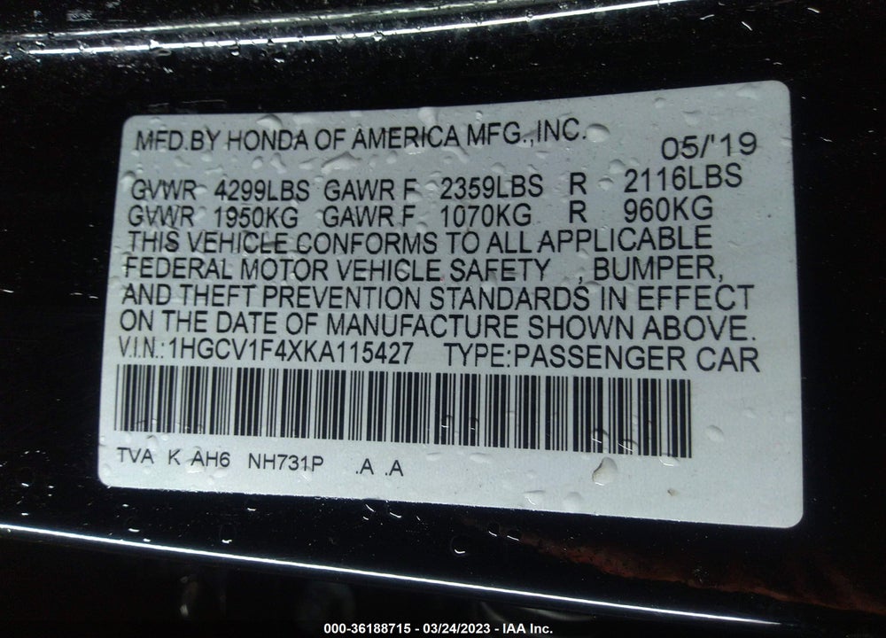 2019 HONDA ACCORD EX VIN: 1HGCV1F4XKA115427