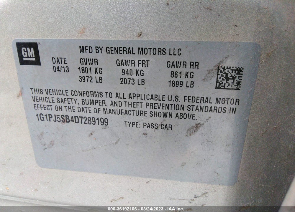 2013 CHEVROLET CRUZE ECO MANUAL VIN: 1G1PJ5SB4D7289199