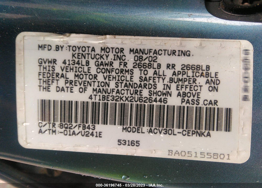 2002 TOYOTA CAMRY XLE/SE/LE VIN: 4T1BE32KX2U626446