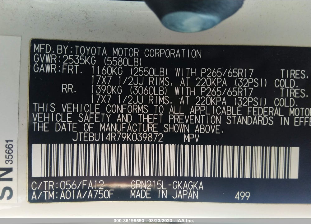 2009 TOYOTA 4RUNNER SR5 V6 VIN: JTEBU14R79K039872