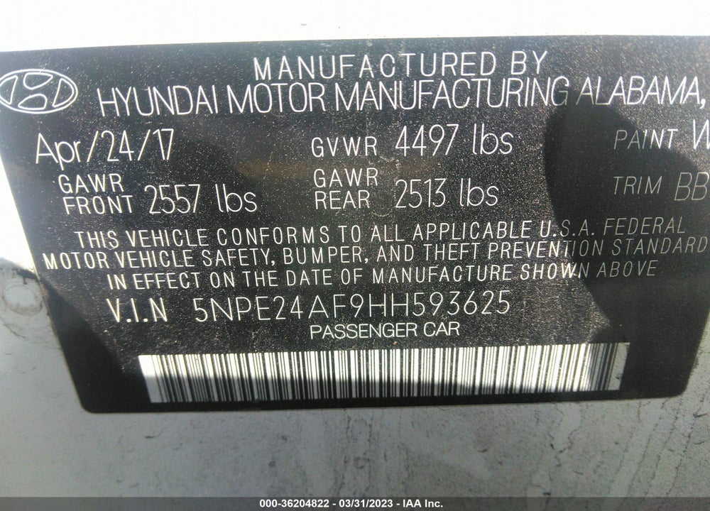 2017 HYUNDAI SONATA SE VIN: 5NPE24AF9HH593625