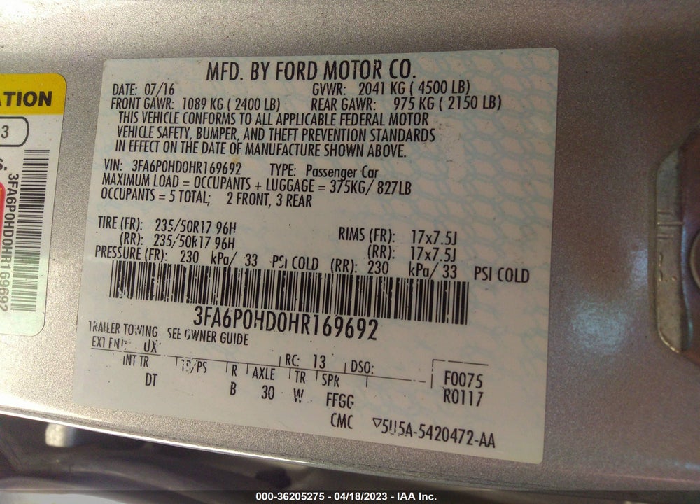 2017 FORD FUSION SE VIN: 3FA6P0HD0HR169692