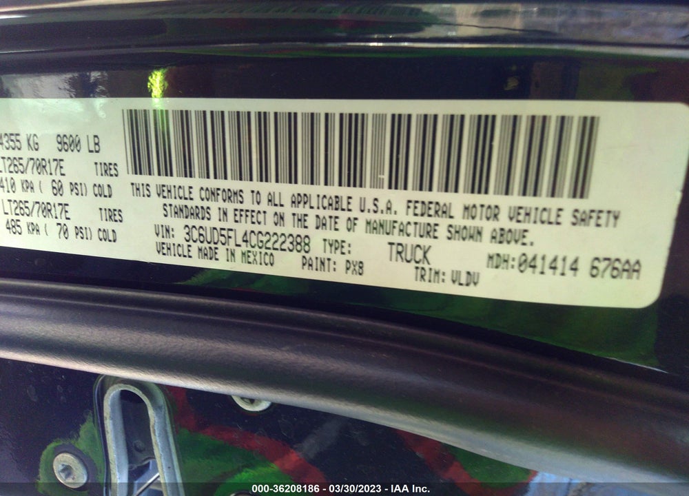 2012 RAM 2500 LAIE VIN: 3C6UD5FL4CG222388