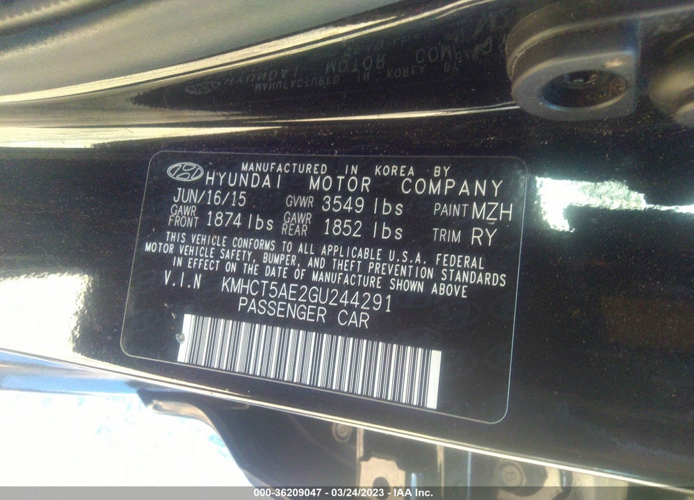 2016 HYUNDAI ACCENT VIN: KMHCT5AE2GU244291